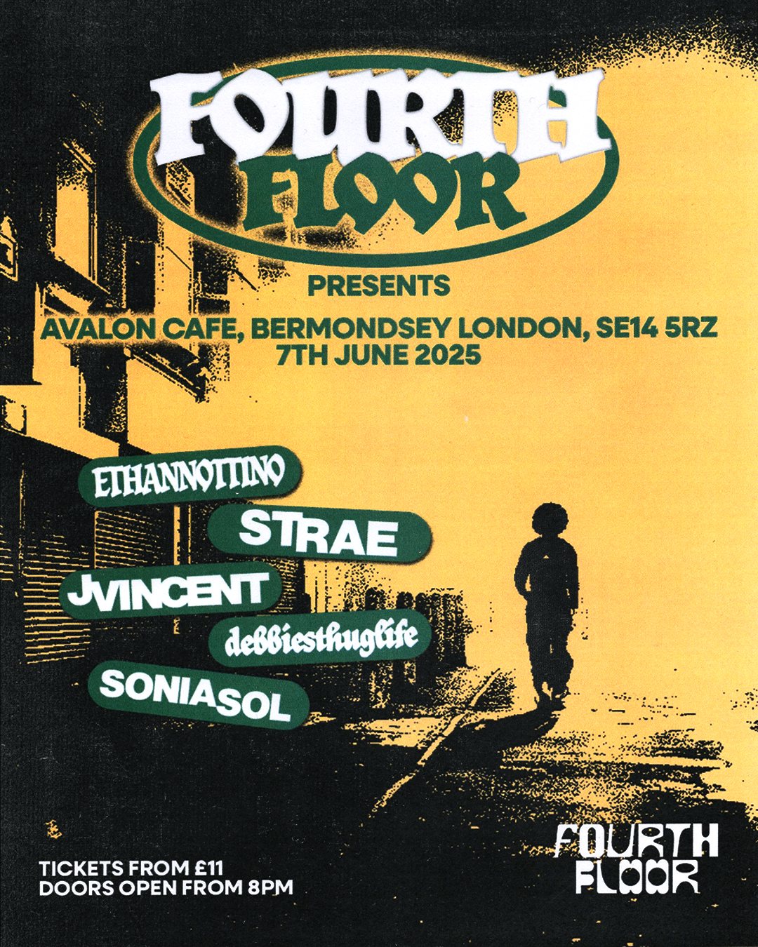 Poster for Fourth Floor Presents at Avalon Cafe, Bermondsey, London, 7 June 2025, in yellow and green with five artists named.